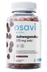 Osavi Ashwagandha 375 mg gummies in a transparent jar, promoting stress relief and energy support.